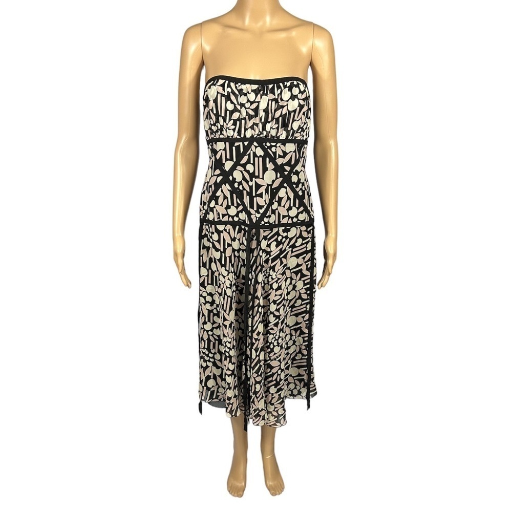 Nicole Miller Cream/Dusty Pink Printed Strapless Dress Black Ribbon Trim Size 6